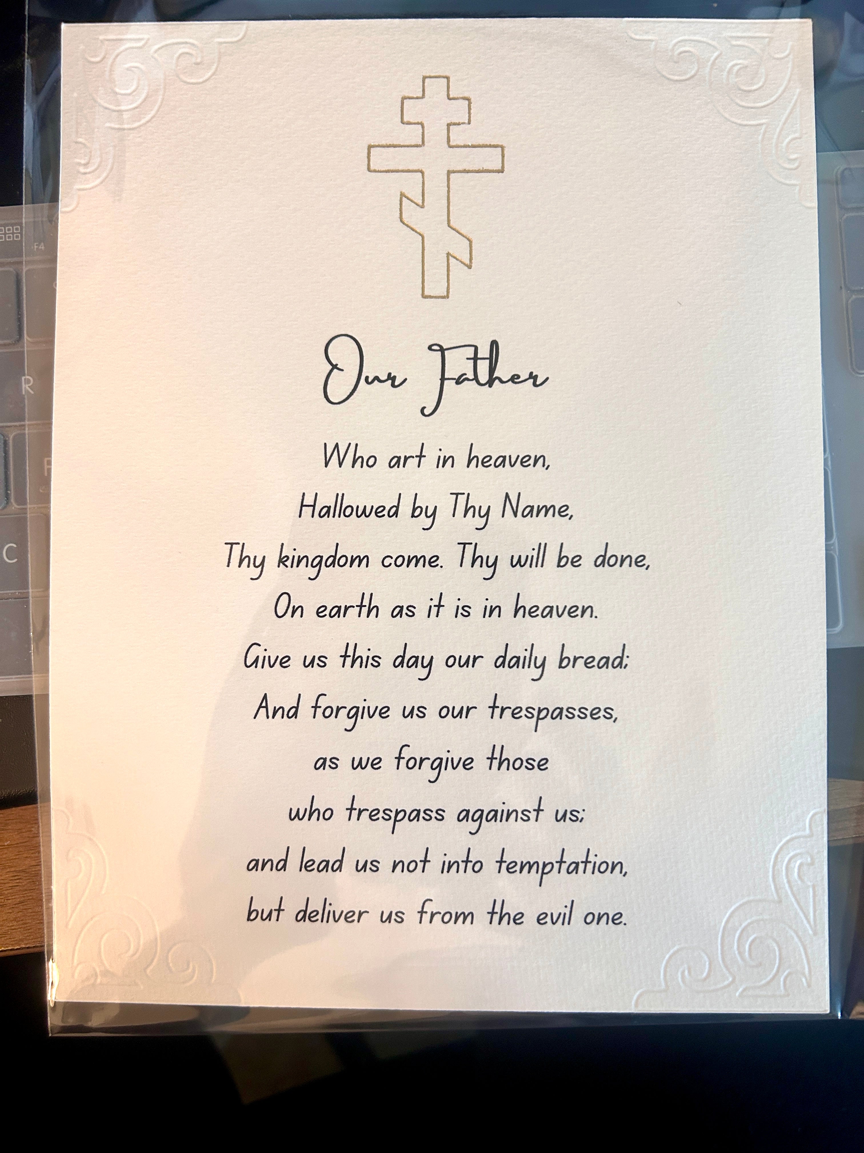 Our Father Printed on Watercolor Paper with Gold Cross