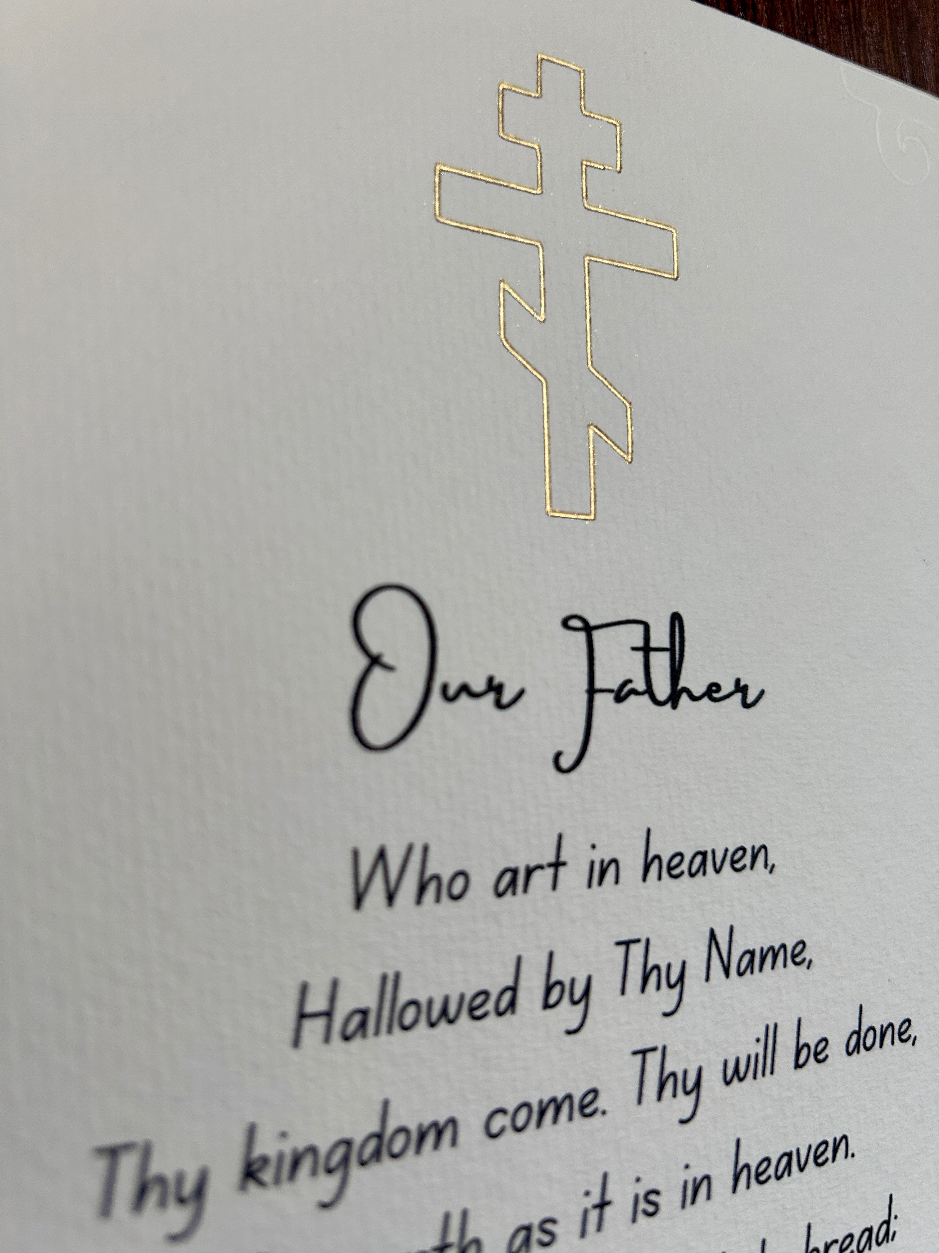 Our Father Printed on Watercolor Paper with Gold Cross