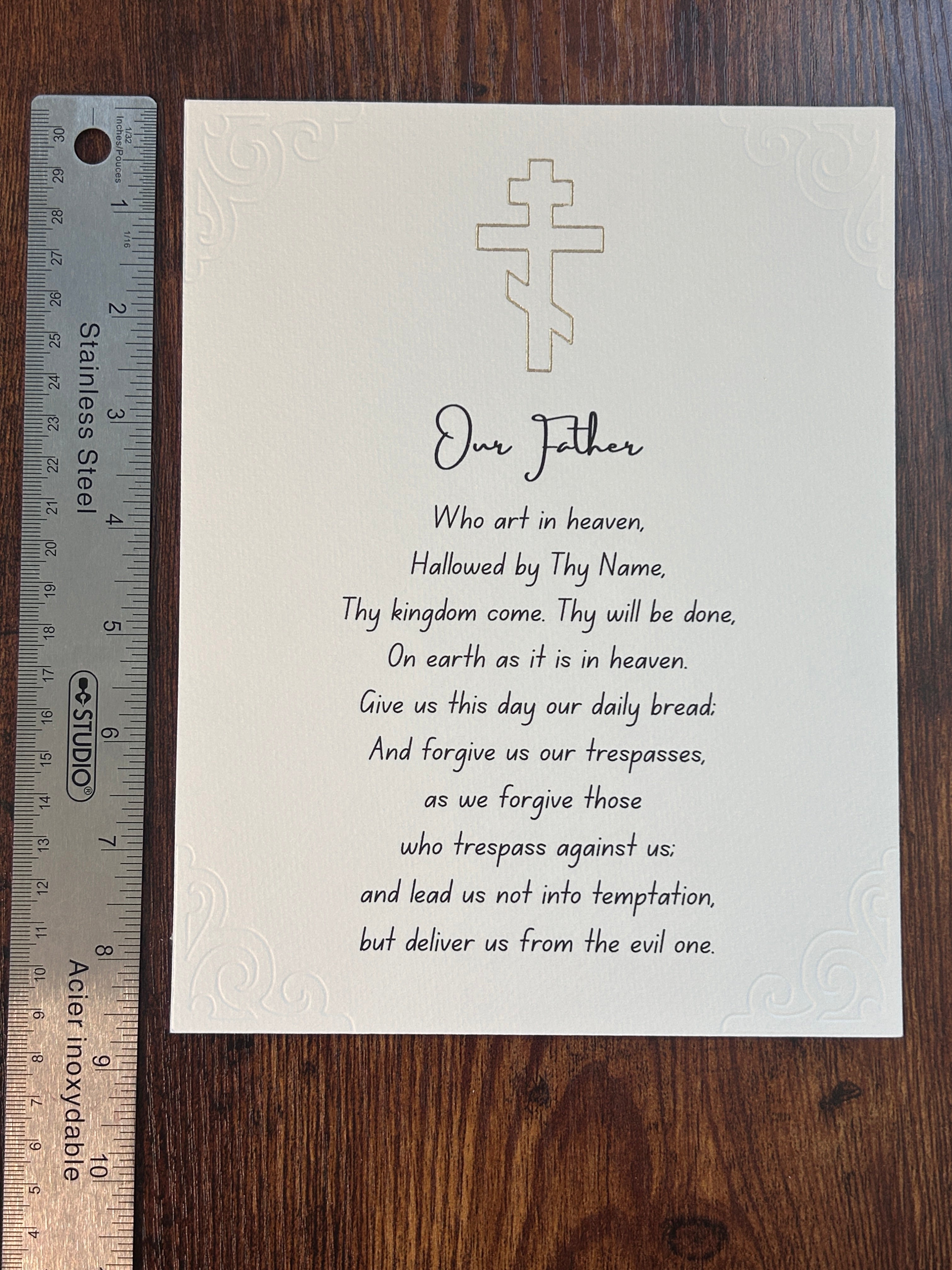 Our Father Printed on Watercolor Paper with Gold Cross
