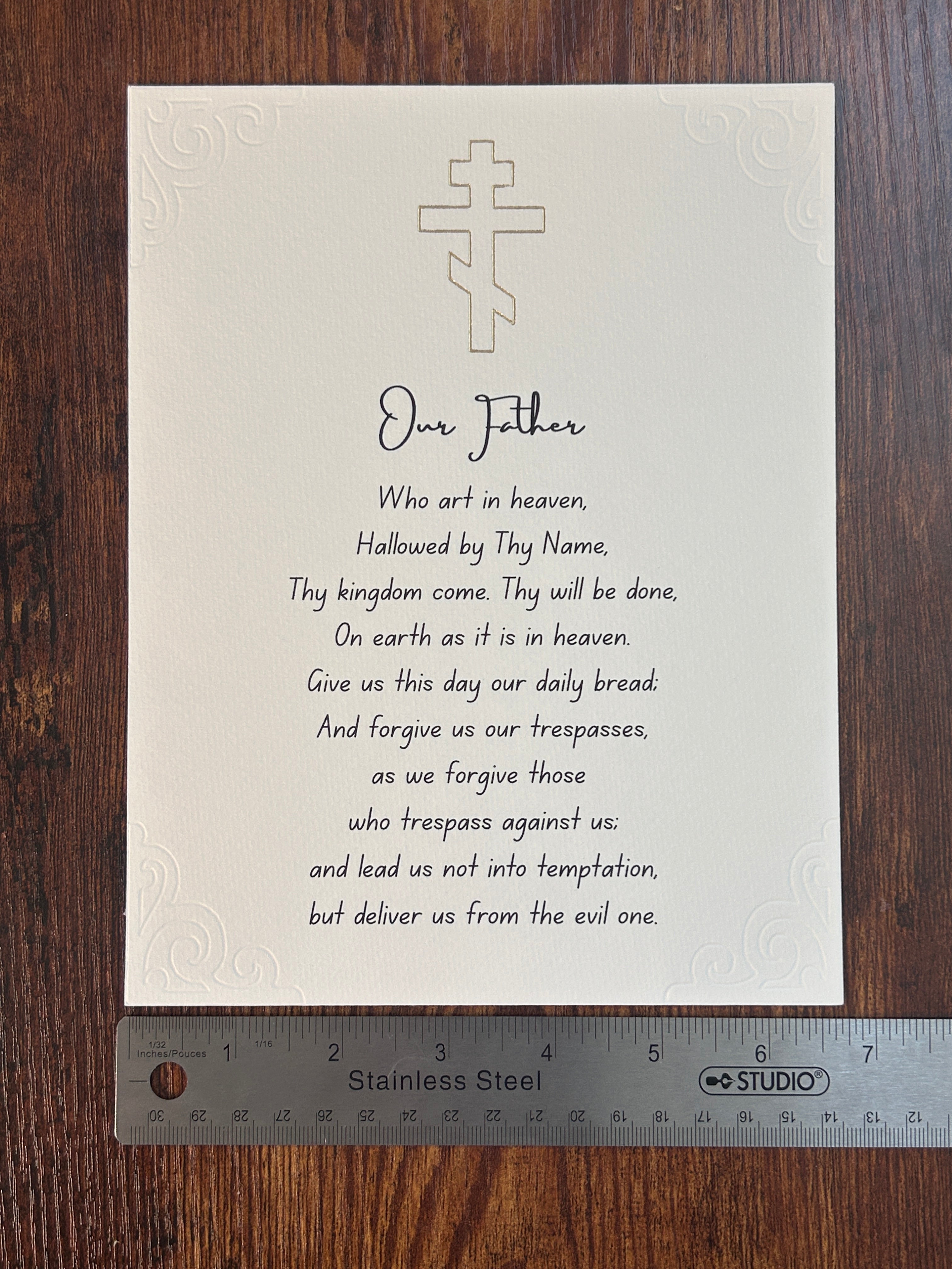 Our Father Printed on Watercolor Paper with Gold Cross