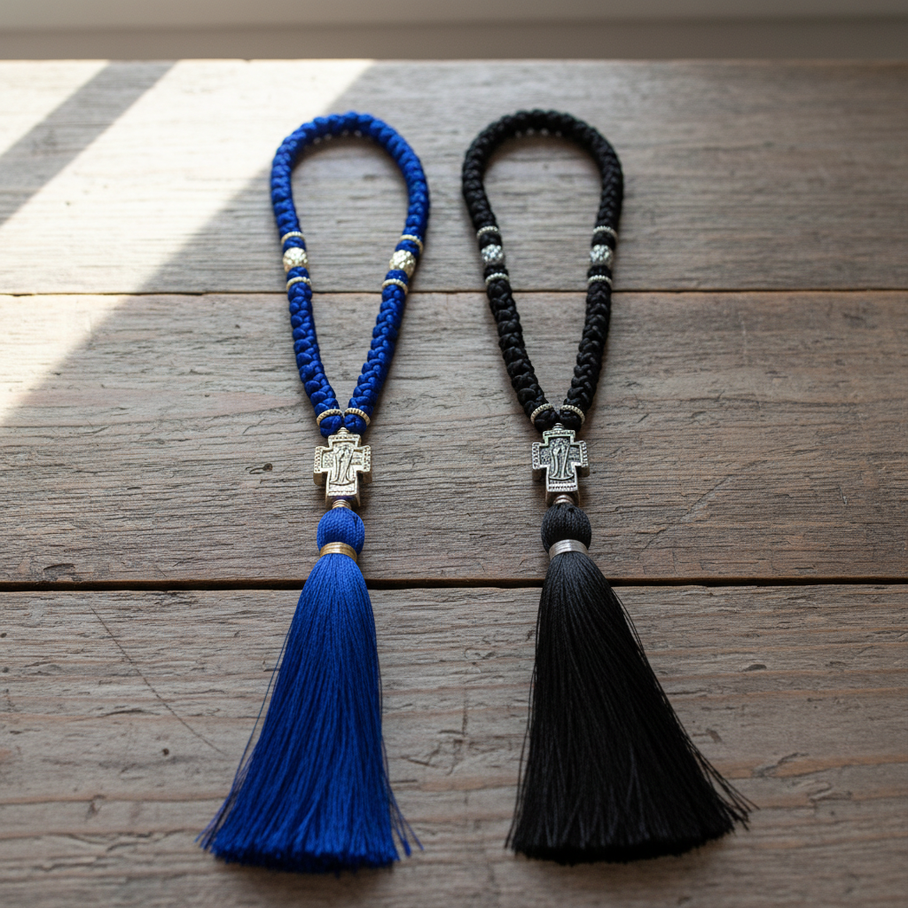 Two prayer ropes on wood table